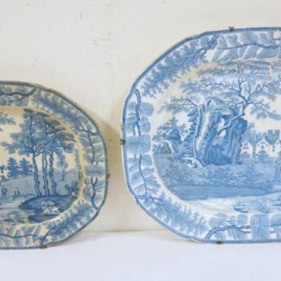 1097	DAVENPORT STAFFORDSHIRE BLUE & WHITE TRANSFERWARE, 2 LARGE PLATTERS APPROXIMATELY 17 IN X 12 IN & 21 IN X 15 IN HAS CRACKS
