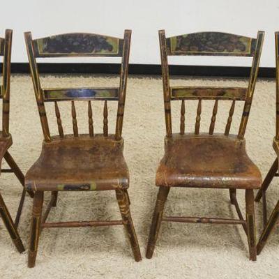 1053	SET OF 4 ANTIQUE COUNTRY HALF BACK PLANK BOTTOM CHAIRS, PAINT DECORATED
