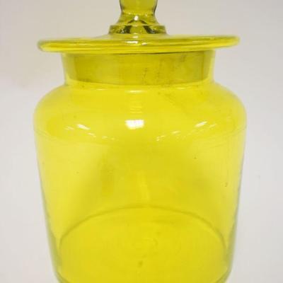 1123	LARGE VASELINE GLASS COVERED APOTHECARY JAR, APPROXIMATELY 7 IN X 10 1/2 IN HIGH
