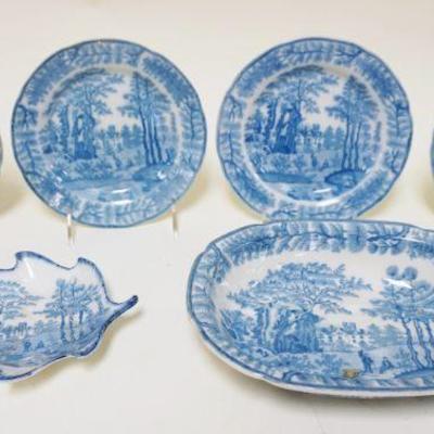 1095	DAVENPORT STAFFORDSHIRE BLUE & WHITE TRANSFERWARE INCLUDING 4-7 IN PLATES, 9 1/2 IN SERVING BOWL & 7 IN LEAF PLATE, LEAF PLATE HAS...