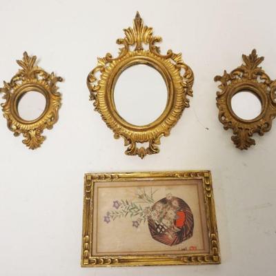 1173	LOT OF 3 MINIATURE MIRRORS & FRAMED ASIAN IMAGE, LARGEST APPROXIMATELY 9 IN HIGH
