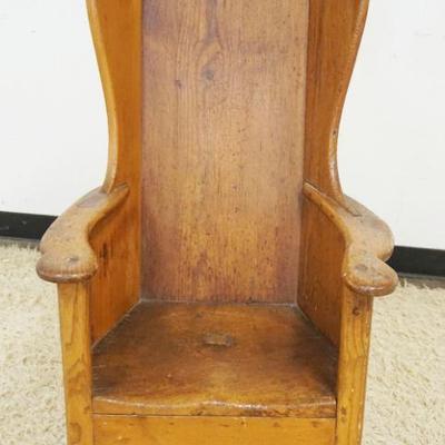 1055	ANTIQUE PRIMITIVE PINE WING BACK FIRESIDE ARMCHAIR, APPROXIMATELY 24 IN X 24 IN X 43 IN HIGH
