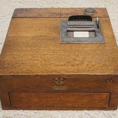 1056	OAK COUNTRY STORE COUNTER CASH TILL BOX W/INKWELL, APPROXIMATELY 18 IN X 20 IN X 9 IN HIGH
