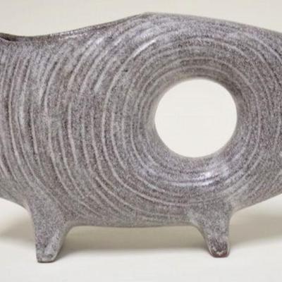 1203	JAPANESE ART POTTERY PLANTER MOTTLED SHADES OF GREY W/ TEXTURED SURFACE 10 1/2 IN W, 8 IN H 
