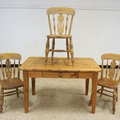1057	COUNTRY SCRUB PINE TABLE W/ONE DRAWER & 3 CHAIRS, APPROXIMATELY 29 IN X 48 IN X 30 IN

