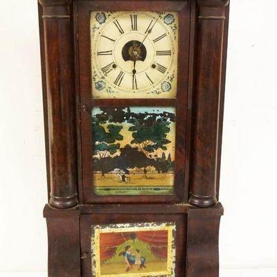 1155	ANTIQUE OGEE HALF COLUMN SCROLL CLOCK F MICHAEL CLOCK MAKER, PAINT LOSS ON GLASS, APPROXIMATELY 34 IN HIGH

