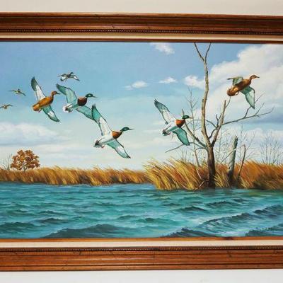 1188	OIL PAINTING ON CANVAS OF DUCKS IN FLIGHT OVER WATER, SIGNED RON BALABAN, APPROXIMATELY 42 IN X 30 IN OVERALL
