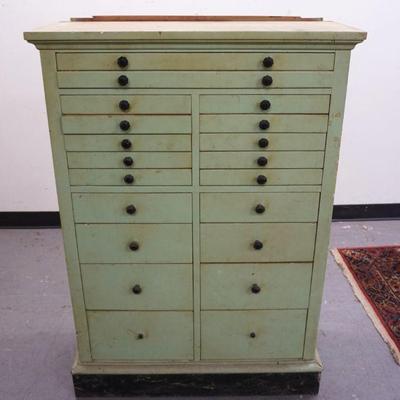 1086	ANTIQUE WOOD DENTAL CABINET, SOME DRAWERS W/ORIGINAL PORCELAIN INSERTS, APPROXIMATELY 13 IN X 32 IN X 46 IN
