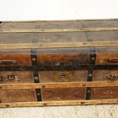1249	ANTIQUE WOOD & LEATHER TRUNK, APPROXIMATELY 16 IN X 28 IN X 15 IN HIGH
