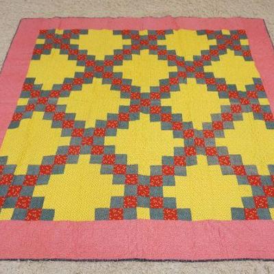 1040	ANTIQUE HAND SEWN QUILT, IRISH CHAIN PATTERN W/RED BORDER, APPROXIMATELY 6 FT 3 IN X 6 FT 3 IN
