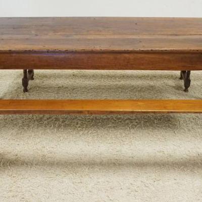 1062	ANTIQUE COUNTRY FARM TABLE, POSSIBLY CHERRY W/BREADBOARD TOP W/DRAWER & PULL OUT SURFACE, 2 SPLAY LEGGED MORTICED BENCHES,...