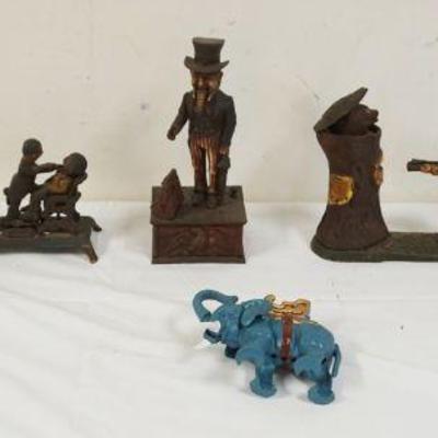 1132	LOT OF REPRODUCTION CAST METAL MECHANICAL ELEPHANT STILL BANK, BOOK OF KNOWLEDGE
