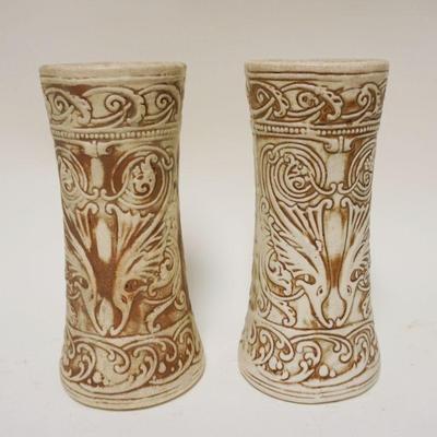 1186	PAIR OF ART POTTERY VASES, APPROXIMATELY 10 IN HIGH, WELLER *CLINTON IVORY* ART NOUVEAU VASES
