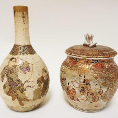1178	2 PIECES ANTIQUE SATSUMA VASE & COVERED JAR, TALLEST APPROXIMATELY 10 IN, VASE BADLY DAMAAGED
