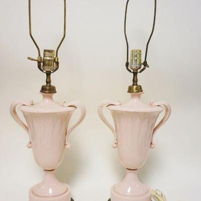 1199	PAIR OF POTTERY DOUBLE HANDLED TABLE LAMPS, URN SHAPED, APPROXIMATELY 28 IN HIGH
