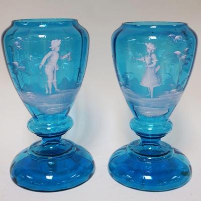 1185	PAIR OF HAND PAINTED MARY GREGORY LARGE VASES, ONE W/RIM CHIP, APPROXIMATELY 12 1/2 IN HIGH
