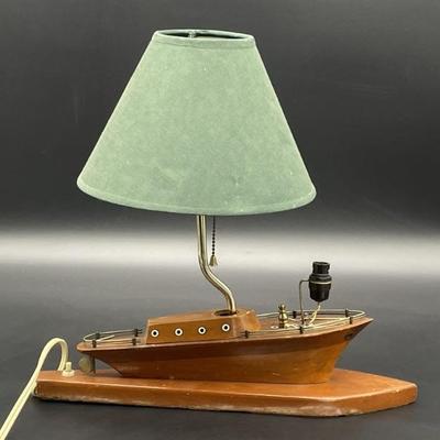 Vintage Wood Ship & Brass Desk Lamp w/ Shade