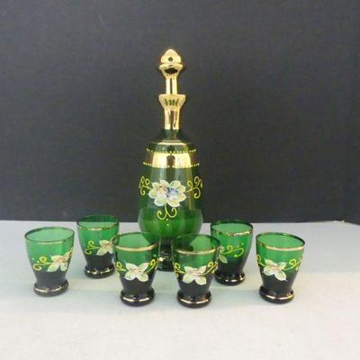Vintage Royal Sealy Hand Painted Relief Floral Design Emerald Green/Gilt Decanter with 6 Shot/Cordial Glasses