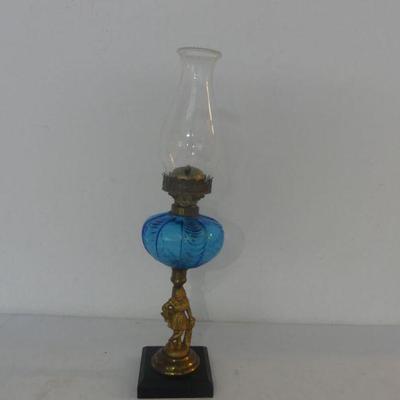 Vintage IMPD Climax Blue Glass Oil Lamp on Brass Statuette - 21