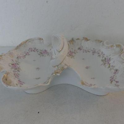 Vintage (Possibly Antique) 1875-1935 Carl Tielsch Divided Bowl with Basket Handle - Floral Pattern with Gold Trim