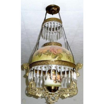 Vintage Exquisite Victorian Brass & Milk Glass Hanging Hurricane Lamp