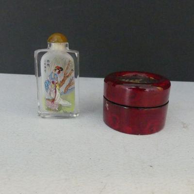 Vintage Japanese Cased Glass Snuff Bottle with Stone Lid and Red Lacquerware Carved Cork Trinket Box