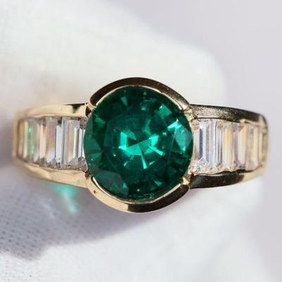 EMERALD RING 14K YELLOW GOLD SYNTHETIC CUBIC ZIRCONIA 6.3 GRAMS ESTATE FINE GEMS...