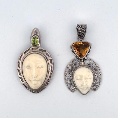 LOT OF 2 PERIDOT CITRINE CAMEO 925 STERLING SILVER...