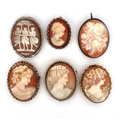 LOT OF 6 CAMEO PENDANTS STERLING SILVER GOLD FILLED...
