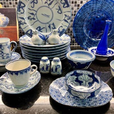 Blue and white various dishes - modern, antique, Dutch, Chinese, Contemporary - nice eclectic mix that all goes together