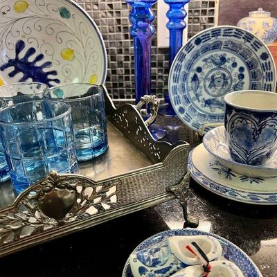 Blue and white various dishes - modern, antique, Dutch, Chinese, Italian, Contemporary - nice eclectic mix that all goes together