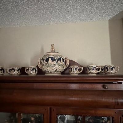 Vintage German Castle Stoneware Punchbowl Tureen Set Mugs & lid Germany