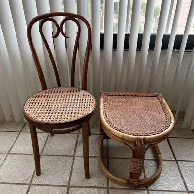 WWS039- Vintage Wooden Caning Chair & Bamboo Side Table