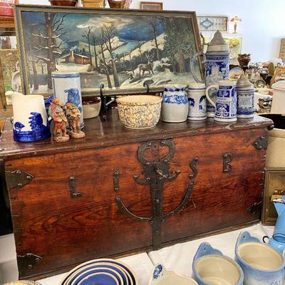 Large antique trunk with hand forged metalwork  
