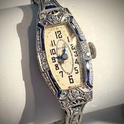 White gold Hoffrers art deco watch with sapphire accents 