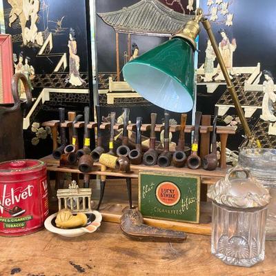 Vintage tobacco pipes, humidors, tins 