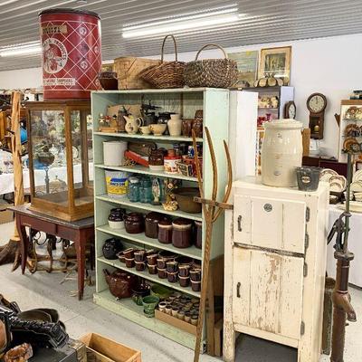 Antique Icebox, canning jars, McCoy pottery, stoneware 
