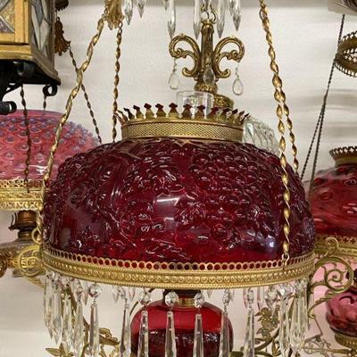 Cranberry glass hanging oil lamp  
