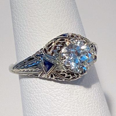 Antique Platinum diamond ring with sapphire accents
