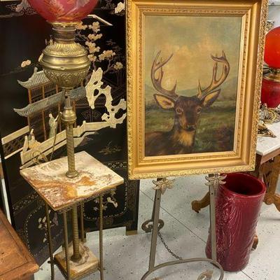 Organ  lamp with etched craberry shade 