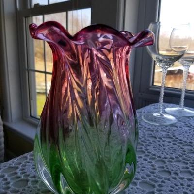 Watermelon swirl art glass vase