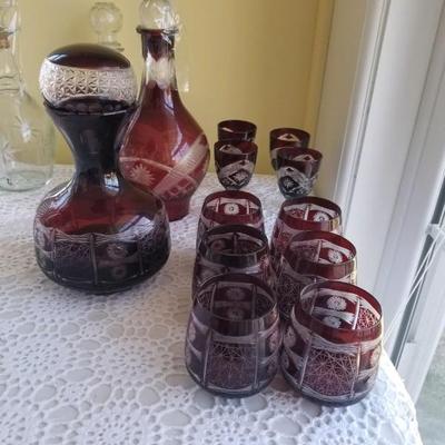 Ruby Red etched decanters and glasses