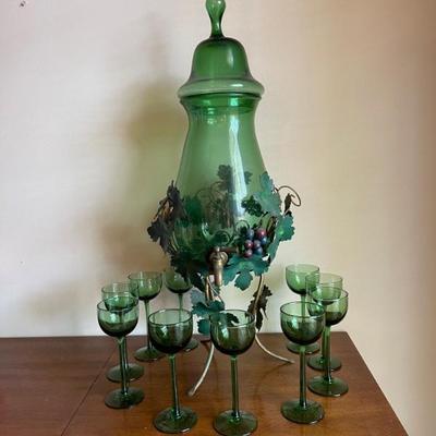 green hand blown glass Decanter and glasses