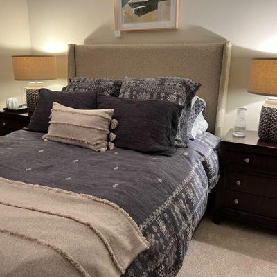 Linen Queen Bed Frame + Pillowtop Mattress & Boxspring (Tall/Upholstered) $400 

Restoration Hardware 