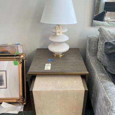 WHITE TABLE LAMP AVAILABLE: $350 obo

Nesting End Tables (SOLD)
Large: Oak & gold trim | Small Faux Shagreen & gold trim $700 24