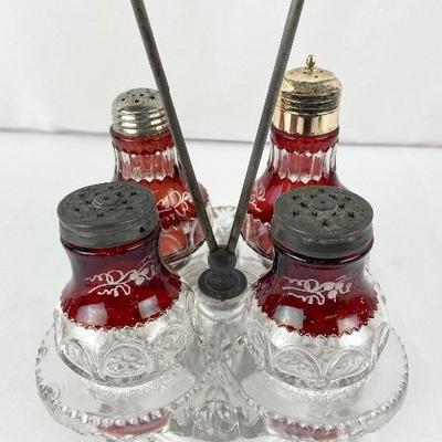 Vintage Tiffin Kings Crown, Thumbprint Cranberry Glass Cruet Set 