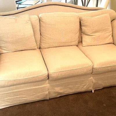 Asking: Was $1750 -- Now $1300--- White Camel Back Linen Sofa w/Black Tack Welting - Custom - 90" wide x 45" deep x 38" tall