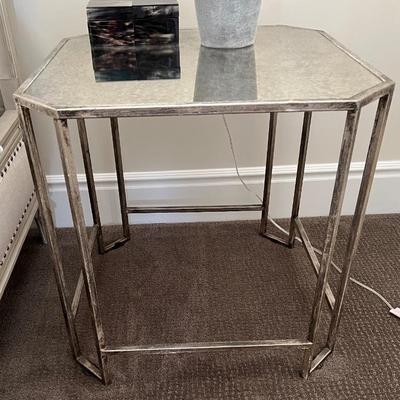 Asking: Was $800 Pair -- Now $600--- Silvered Iron Base Octagonal Side Tables w/Mottled Mirror Tops - 24
