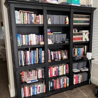 Asking: Was $1950 for Pair -- Now $1450--- 15-Shelf Black Bookcases - Restoration Hardware - Oak-   Adjustable Shelves w/Pull Out Tables...