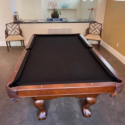 Asking Was $3500 - Now $2625---Brunswick Pool Table - Black Felt, Dark Wood w/Leather Baskets - w/Cues & Balls - 8' x 4'6